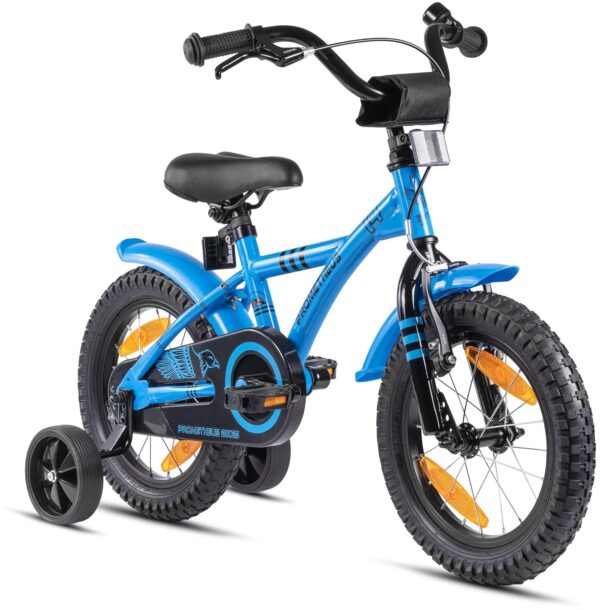 PROMETHEUS® 14 Zoll Kinderfahrrad Blau-Weiß mit Stützrädern