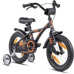 PROMETHEUS Kinderfahrrad 14 Zoll, Schwarz Matt Orange